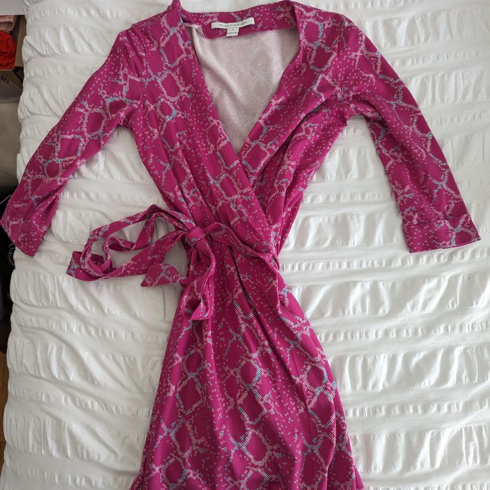 Diane Von Furstenberg Hot Pink Wrap Dress with Silver Pattern